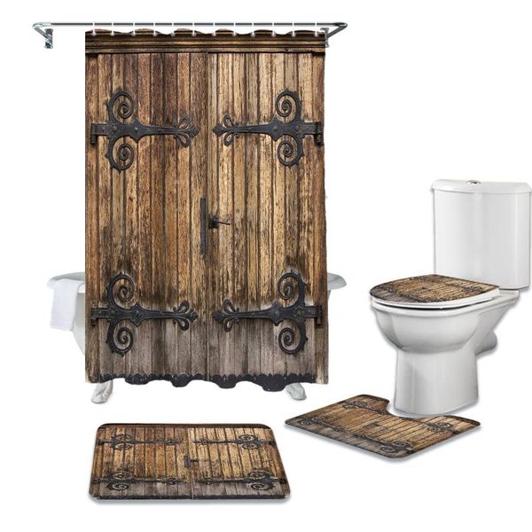 

shower curtains vintage farm wood door rustic print curtain carpet cover toilet bath mat pad set bathroom home decor