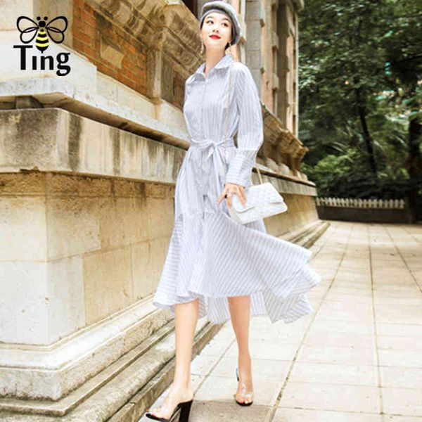 

spring fashion chic striped lady office work midi long dress ruffles assymmetrical hem single breasted casual plus 210513, Black;gray