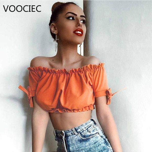 

women's t-shirt voociec 2021 summer beach style solid color elastic vest off-shoulder holiday bow strapless bra casual, White