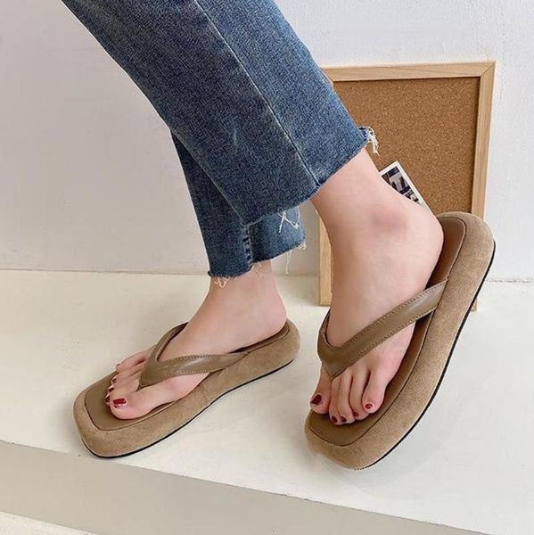 

slippers square-toed flip flops women's summer 2021 fashion casual outer wear muffin thick-soled comfortable beach for women, Black