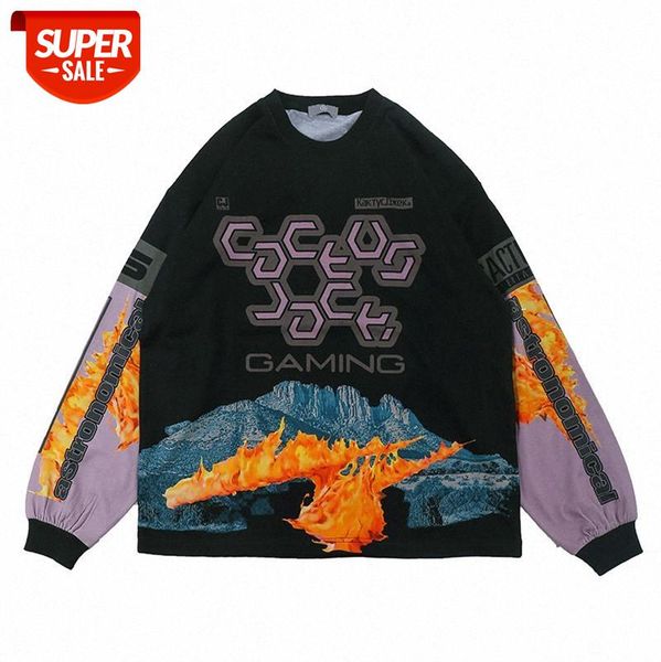 

american street print sports sweater high contrast color stitching neck pullover for men and women #yv9n, Black