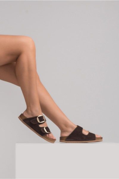 

slippers women brown suede leather, Black
