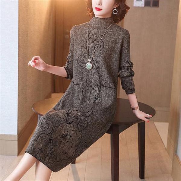 

zuomanautumn and winter jacquard knitted womens dresses vintage warm mid calf sweater lady elegant loose turtleneck, Black;gray