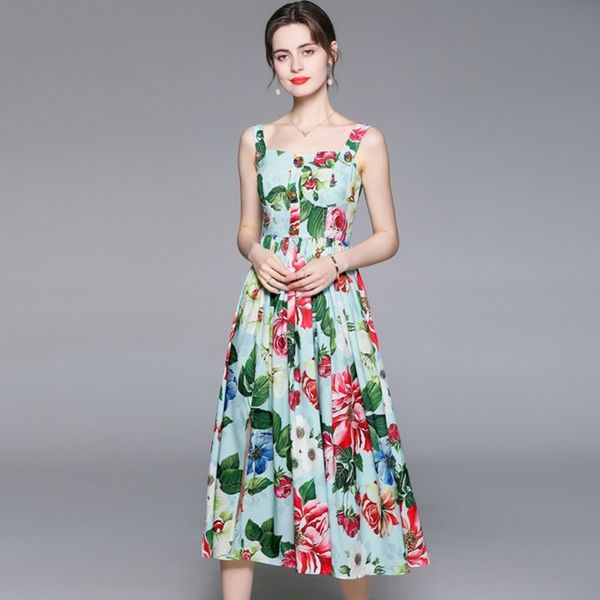 

summer runway fashion holiday dresses women spaghetti strap flower print hight waist draped long party dress vestdio 210514, Black;gray