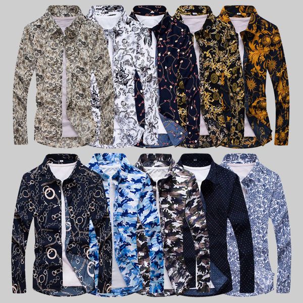 

men's casual shirts shirt autumn summer floral men's color matching casual long sleeve printing large slim hairdresser fancy cloth, White;black
