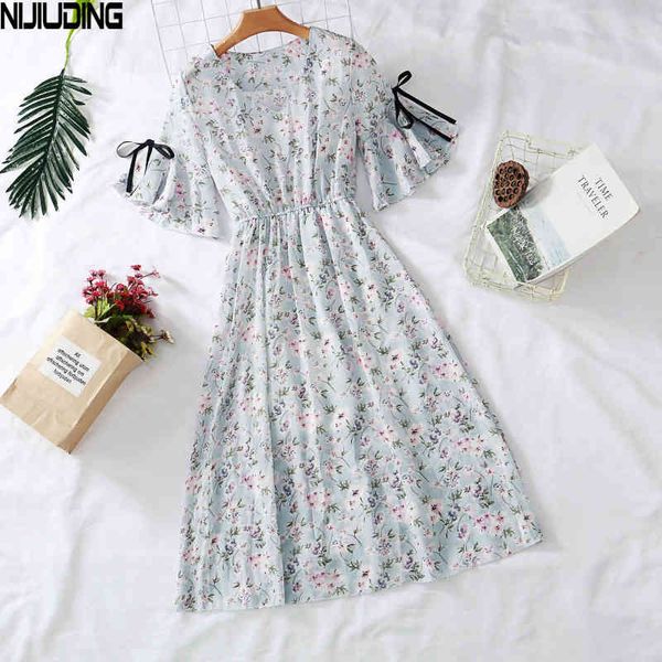 

women chiffon dress floral printed spring summer ruffles short flare sleeve bow es plus size s-3xl 210514, Black;gray