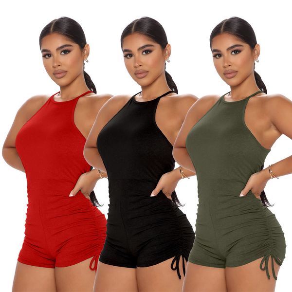 

black bodysuit women summer fashion sleeveless high waist drawstring ruched red playsuit woman bodycon short jumpsuit 210414, Black;white