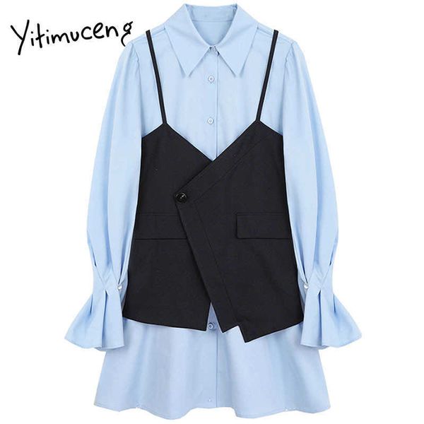 

yitimuceng 2 pieces spaghetti strap dresses women a-line spring fashion flare sleeve chest wrapping casual clothing 210601, Black;gray