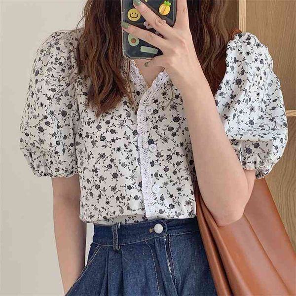 

women's two piece pants 2021 v-neck puff sleeves office lady streetwear florals printing slim blouses chic short sleeve shirts top, White