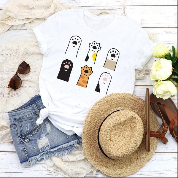 

women t shirts graphic cat dog paw pet cartoon fashion printing tees clothing female print shirt womens, White
