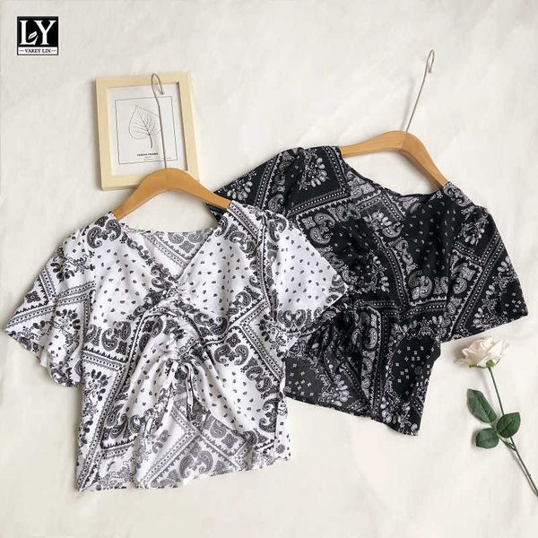

ly varey lin summer women casual v-neck national style puff sleeve short t-shirts vintage loose printing drawstring shirt 210526, White
