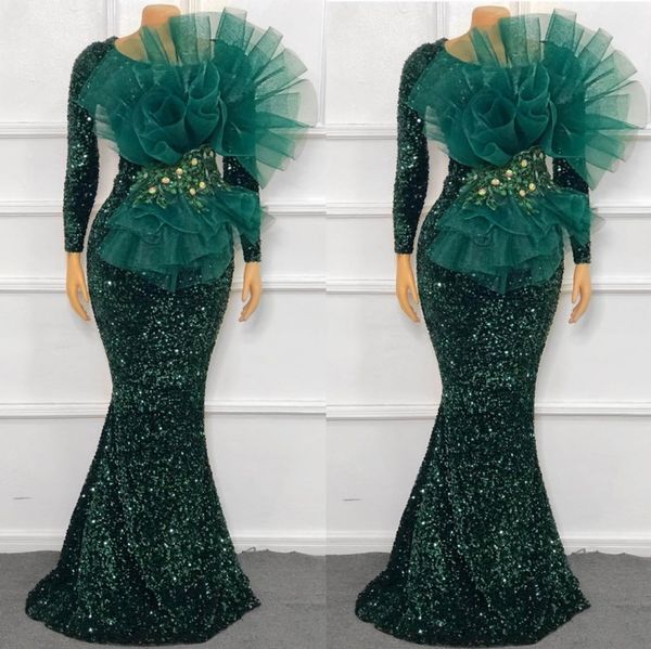 

mermaid evening dresses long sleeves with big bow 2021 african sequins hunter green prom dress formal gown, Black
