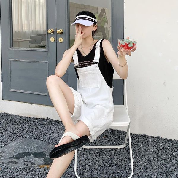 

women's jumpsuits & rompers fnoce 2021 spring jean korea style youth cute fashion trends casual solid adjustable losse strap playsuits, Black;white