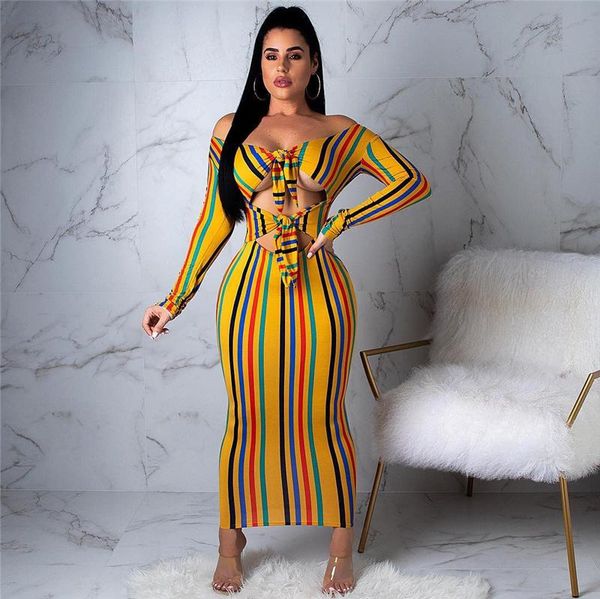 

casual dresses women off shoulder striped long sleeve dress chic hollow out bandage evening party, Black;gray