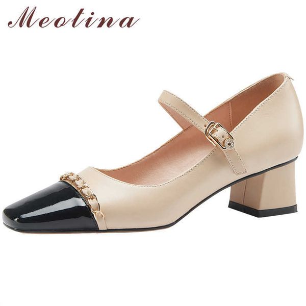 

meotina mary janes shoes women real leather med heels block heel shoes chain square toe pumps buckle strap ladies footwear beige 210608, Black