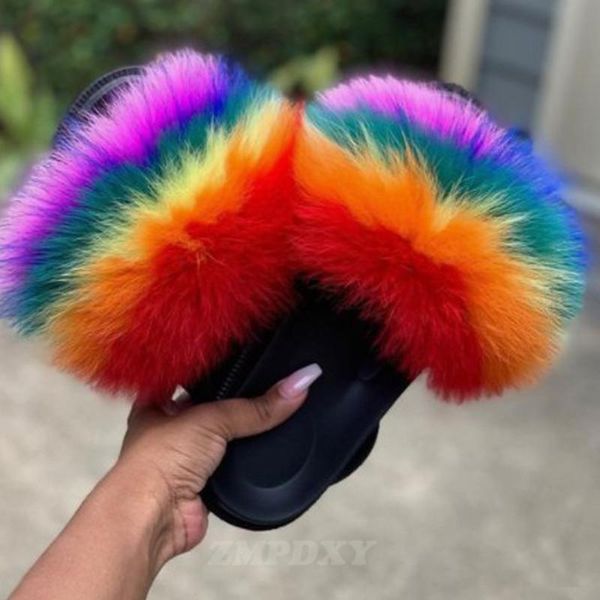 

women fur slippers home fluffy slides natural color plush raccoon furry shoes fashion female beach fuzzy flip flops, Black