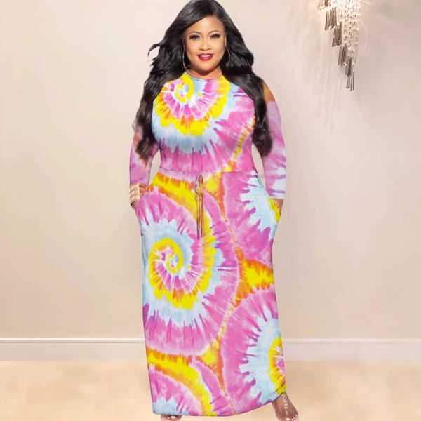 

spring and summer european and american style fashion simple tie dye dress bright color department long sleeve a-shaped long skirt large, Black;gray