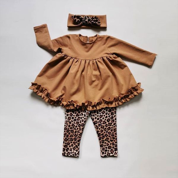 

1 4y girls clothing sets autumn toddler kids baby ruffles dress leopard print elastic pants headband holiday outfits, White