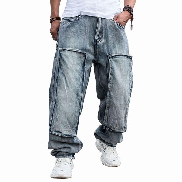 

large size loose jeans men denim pants multi pocket straight baggy casual streetwear hip hop brand blue wide leg trousers men's
