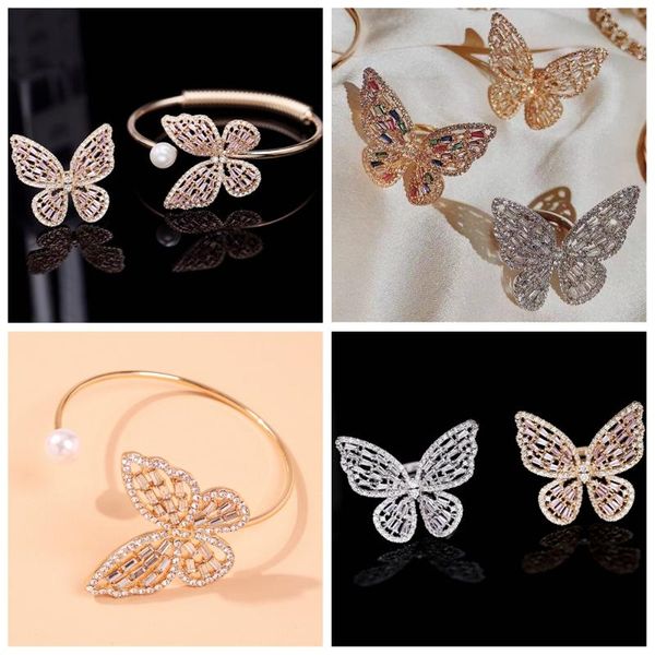 

earrings & necklace luxury butterfly ring bracelet jewelry opening high-grade copper zircon shiny cocktail party for women, Silver