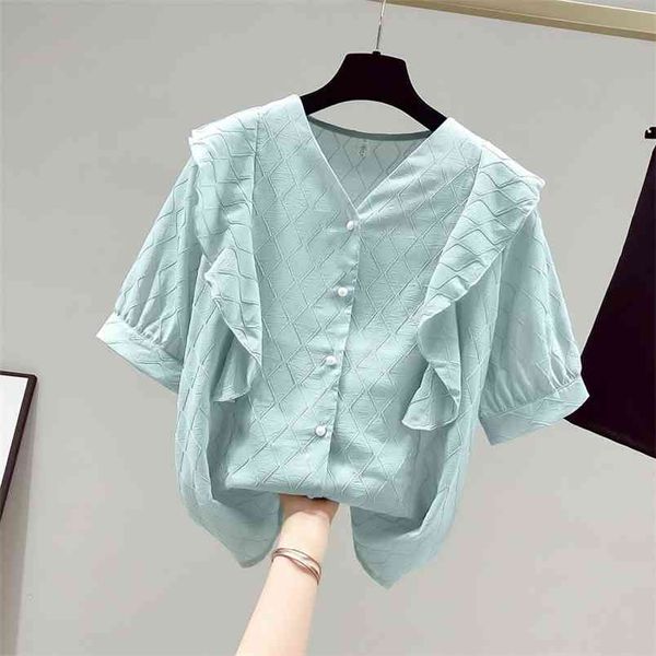 

summer fashion women's v neck ruffles short sleeves shirt girls ladies casual shirts 210428, White