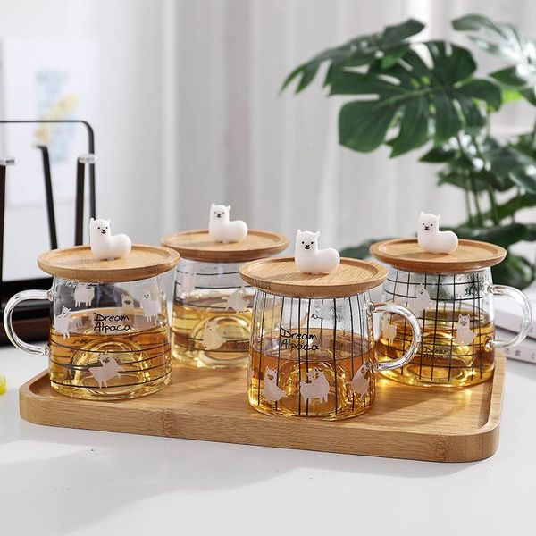 

mugs happylife cute 3d alpaca glass mug with bamboo lid,heat-resistant morning milk coffee tea breakfast cup for gifts