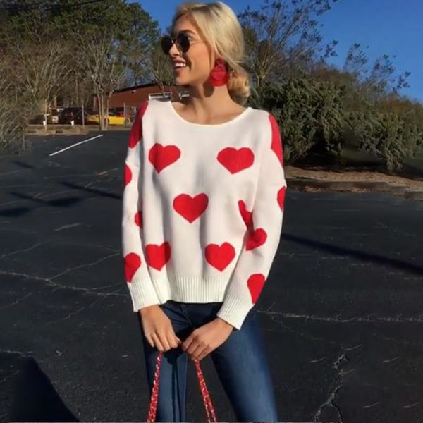 

women casual heart printed hollow out sweater long sleeve o neck knitted pullovers autumn winter new fashion trendy loose 210412, White;black