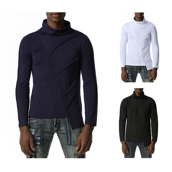 Dark Unregelmäßige Männer T-shirts Volle Hülse Feste Dünnes T-shirt Rollkragen Pullover Geometrie Streetwear Splicing Camisetas 210524