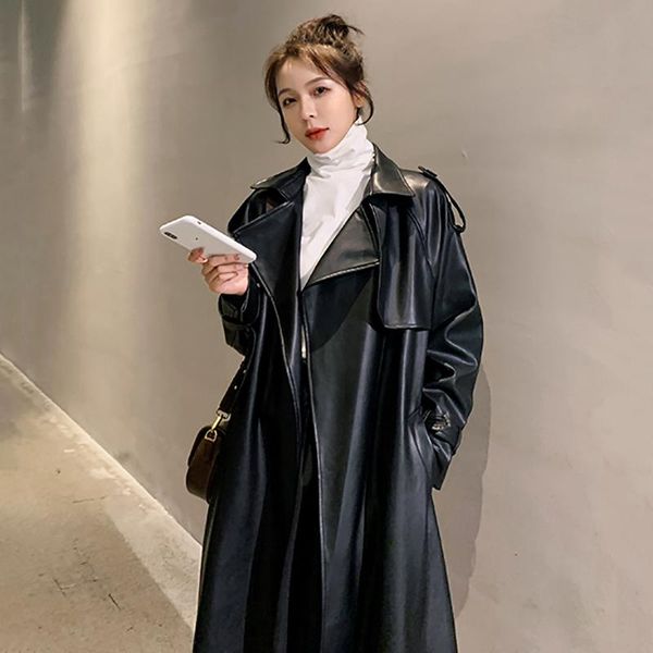 

women's trench coats [ewq] korea chic long pu leather coat with belt lady windbreaker waterpoof female autumn black tide 16e2521, Tan;black