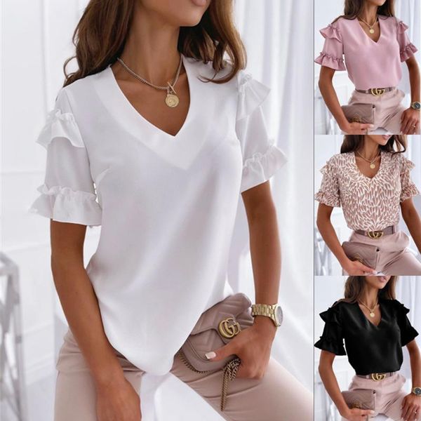

women's blouses & shirts summer casual ruffles short sleeve shirt blouse women spring v-neck pure color loose white 2021