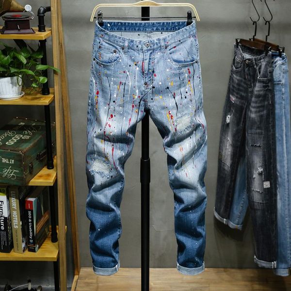 

men's jeans spring and autumn clothing individuality printed denim pants male slim fit cowboys trousers trendy stretch ripped, Blue