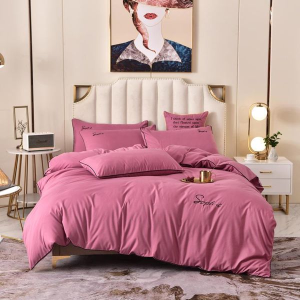 

bedding sets 2021 spring set simple american pure color embroidery 4 pces embroidered bed sheet quilt cover pillowcase