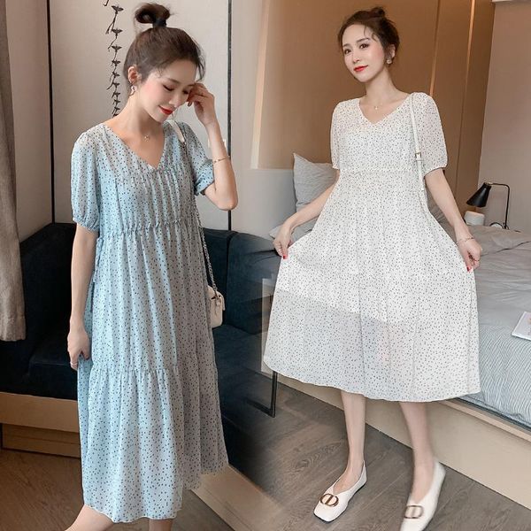 

2206# 2021 summer korean fashion print chiffon maternity long dress v neck patchwork loose clothes for pregnant women pregnancy dresses, White