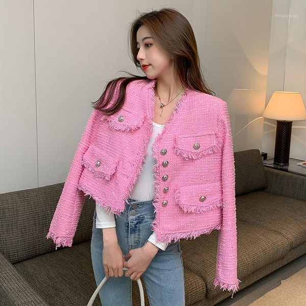 

women's jackets fashion tassel plaid tweed women o-neck double buttons luxury elegant coats office lady autumn spring outwear, Black;brown