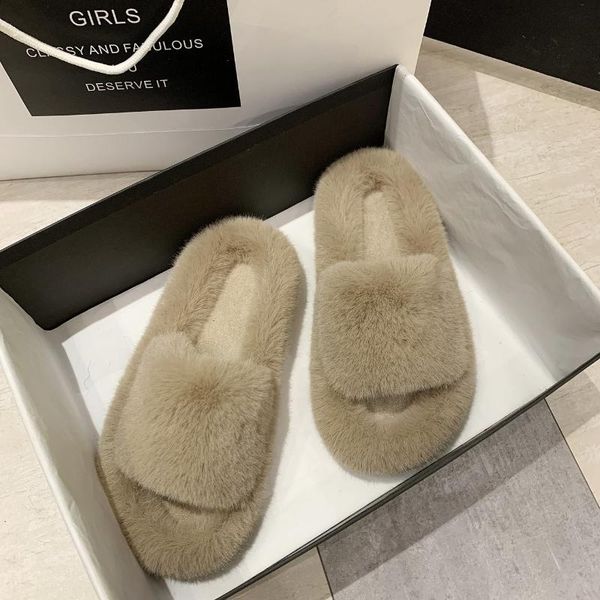 

slippers big size 41 42 solid color furry women's fur slides girls winter home shoes ladies house fluffy bedroom slipper, Black