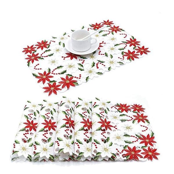 

mats & pads embroidered christmas placemats, red poinsettia placemats with holly for holiday decorations, 11x17 in,6 pcs
