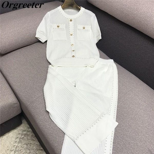 

two piece dress temperament wide leg pants suit female 2021 summer metal buckle hollow short-sleeved sweater + two-piece set, White