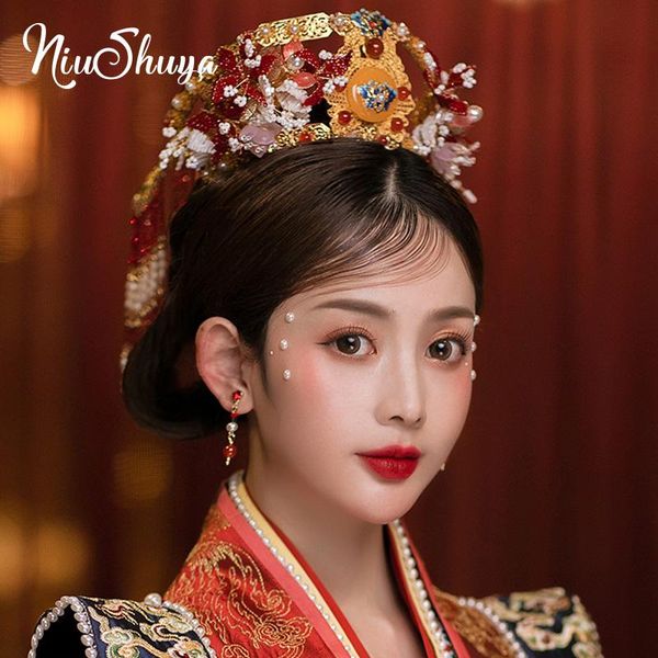 

hair clips & barrettes niushuya retro chinese headdress crown tiaras catwalk wedding accessories red flower pearls beaded tassel headpiece j, Golden;silver