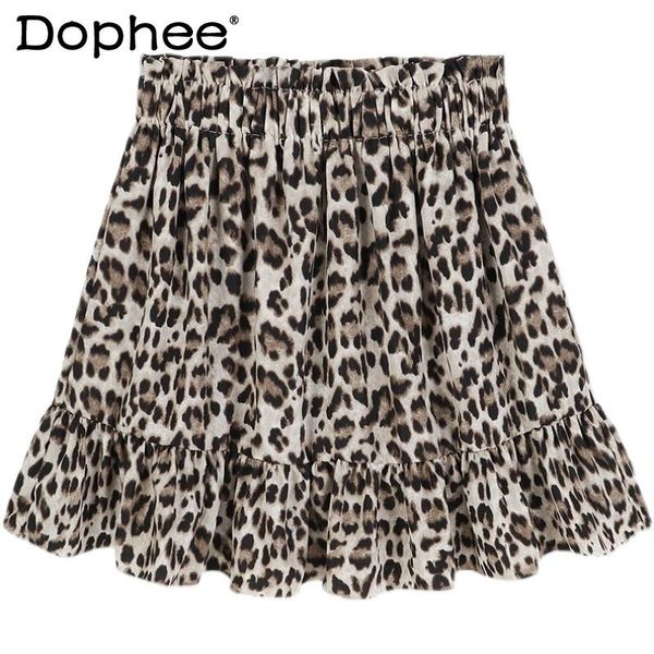 

skirts fashion leopard print skirt for women 2021 summer retro short all-match ruffles high waist floral a-line, Black