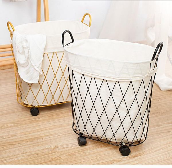 

golden metal gold hollow stylish dirty clothes storage handle laundry basket home creative organizer with wheel baskets