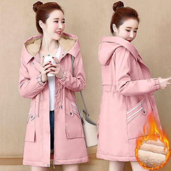 

women's trench coats plus velvet jacket for fall/winter2021 women coat style outcoat all-match mid-length windbreaker cotton-padded out, Tan;black
