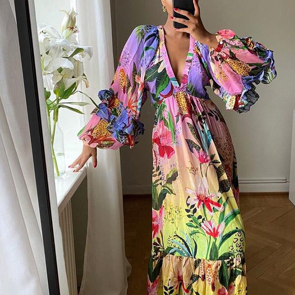 

women dresses fall long maxi dress floral print vintage deep v neck thin beach bohemian vestidos african party, Black;gray
