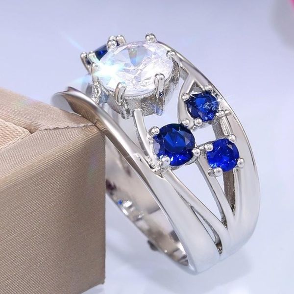 

wedding rings caoshi elegant band for women girls silver color with white & blue cz stone charm party jewelry trendy accessories, Slivery;golden