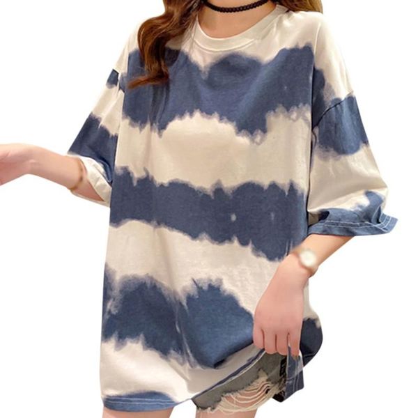 

mid-length short-sleeved t-shirt female summer loose simple striped round neck printing casual half-sleeved women's, White