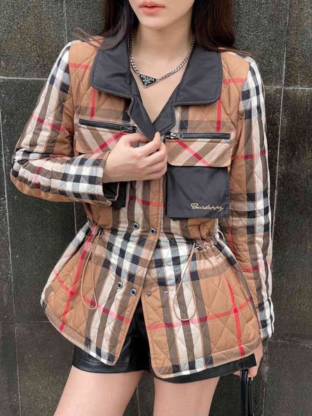 

down jacket autumn and winter warm temperament commuter zipper korean embroidered cotton casual plaid coat european goods british style shor, Black