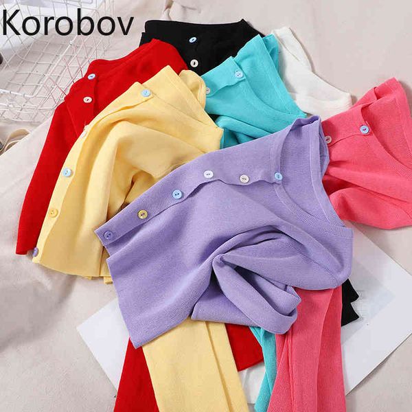 

korobov sweet chic o neck long sleeve women cardigans korean solid single breasted slim sweaters streetwear crop sueter mujer 210430, White