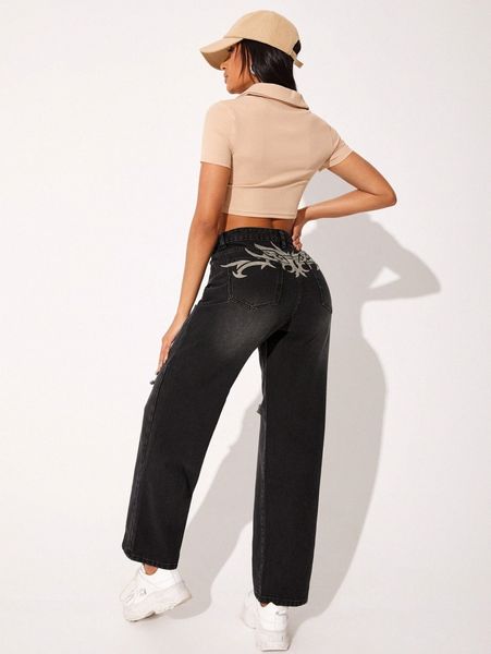 

graphic print high waist ripped jeans 78my#, Blue