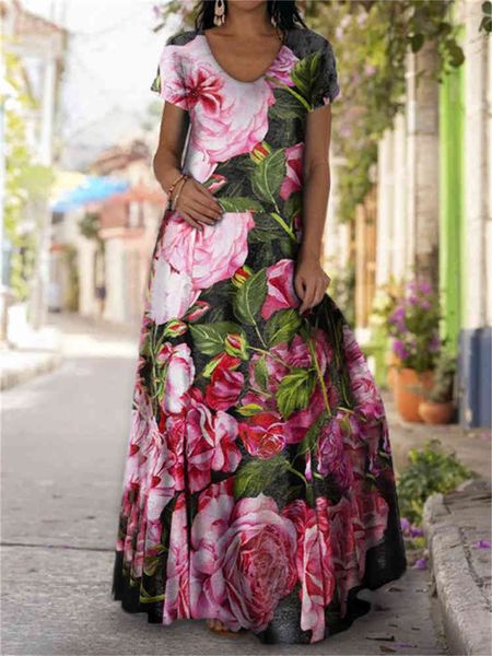 

summer maxi dress women floral tie dye print loose long dresses robe short sleeve v neck sun beach dress vestidos, Black;gray