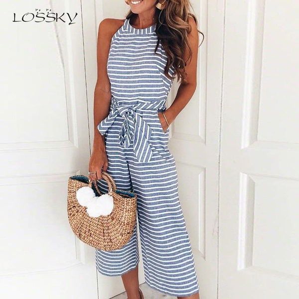 

women's jumpsuits & rompers lossky women striped printed lace-up pocket o-neck sleeveless long wide leg pants zip summer black pink ove, Black;white