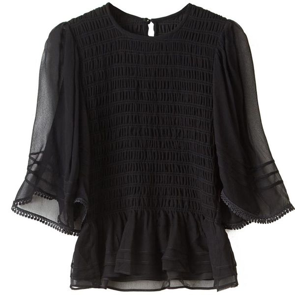 

women's blouses & shirts [elfstyle] - black smocked blouse elastic body round neck mid length sleeves ruffled cuffs hem fashion woman, White